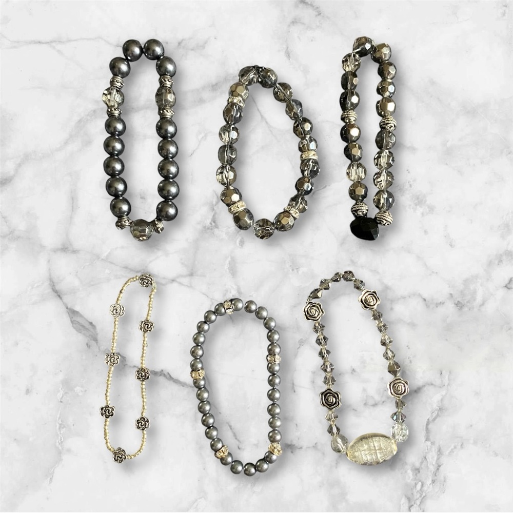 Handmade Grey & Silver Assorted Beaded Stretch Bracelet Bundle Of 6